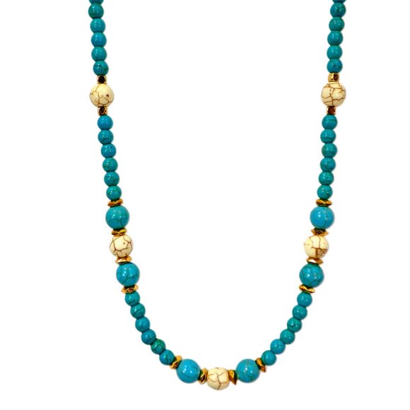 Turquoise and white stone bead necklace mixed with small gold beads. - Picture 2 of 12